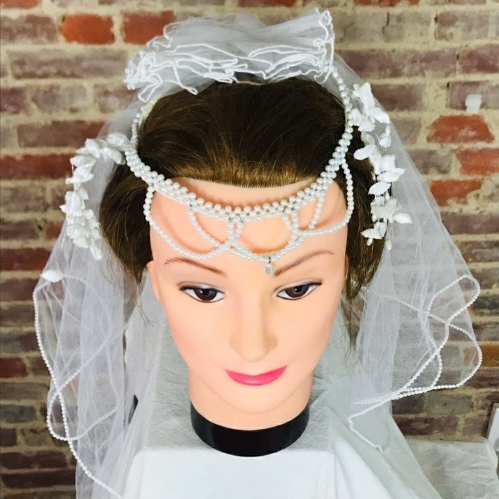 VTG Bridal Veil Wedding Tulle Pearl Band Tiered